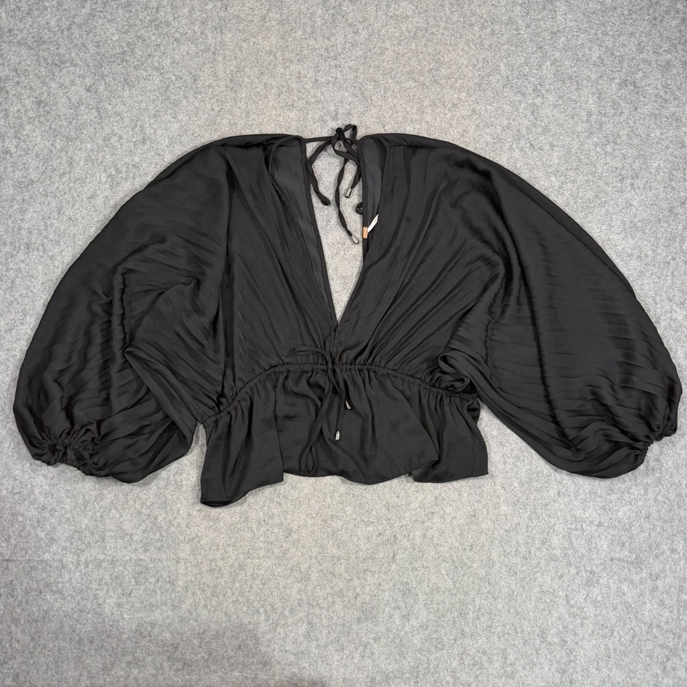 Free People‎ Black Eloise Long Puff Sleeve Tie Back Blouse Women's Size Medium